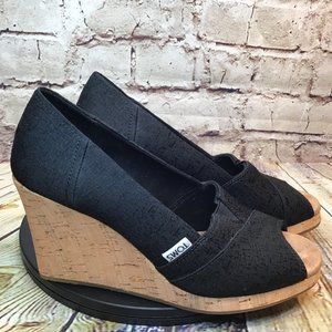 Toms Black Canvas Cork Wedges Peep Toe Size 7.5
